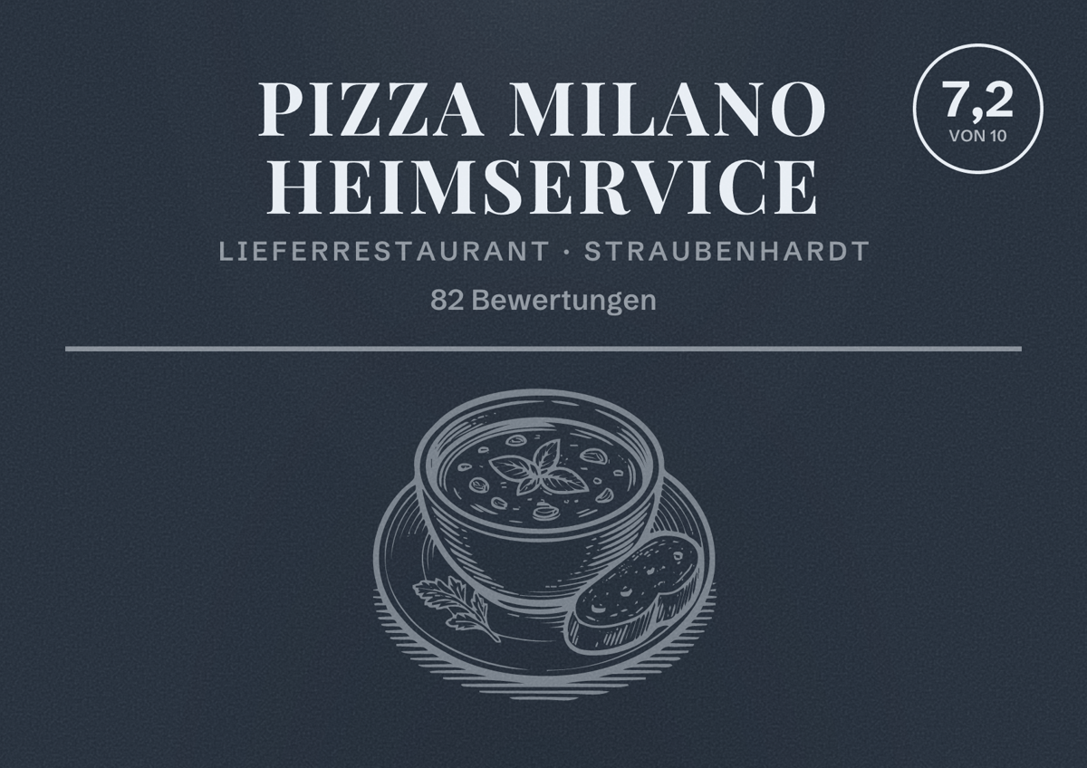 Illustriertes Poster von Pizza Milano Heimservice, Lieferrestaurant in Straubenhardt: Bewertung 7,2 von 10 aus 82 Bewertungen