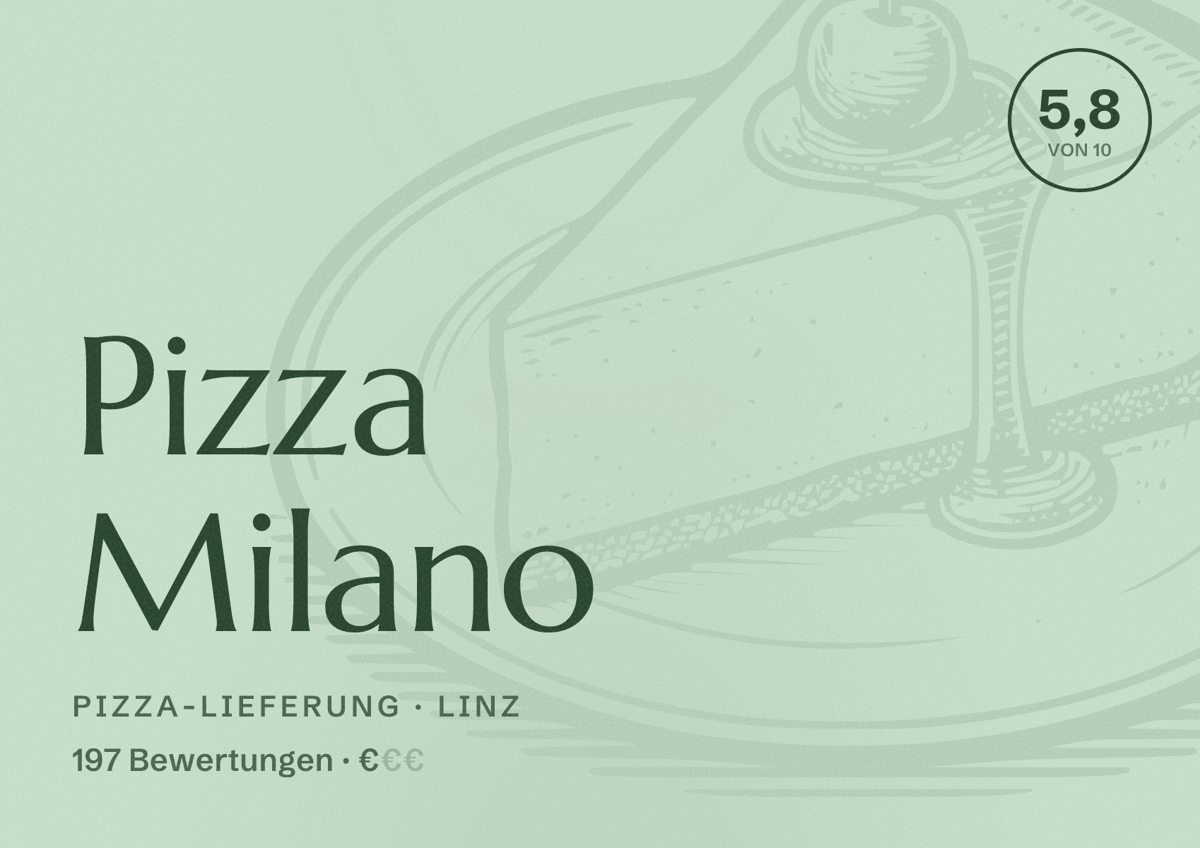 Illustriertes Poster von Pizza Milano, Pizza-Lieferung in Linz: Bewertung 5,8 von 10 aus 197 Bewertungen, Preisniveau €