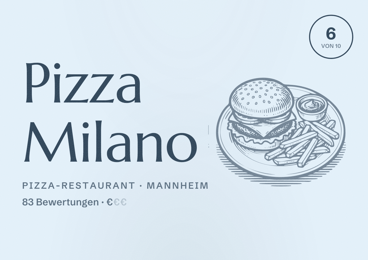 Illustriertes Poster von Pizza Milano, Pizza-Restaurant in Mannheim: Bewertung 6 von 10 aus 83 Bewertungen, Preisniveau €