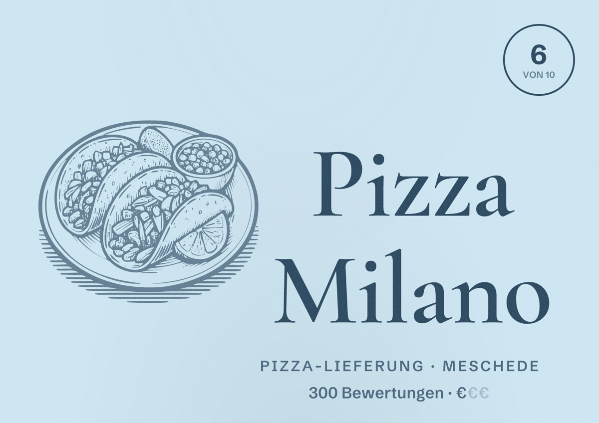 Illustriertes Poster von Pizza Milano, Pizza-Lieferung in Meschede: Bewertung 6 von 10 aus 300 Bewertungen, Preisniveau €
