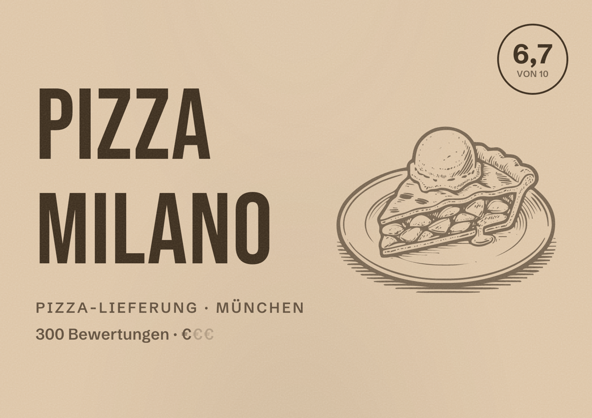 Illustriertes Poster von Pizza Milano, Pizza-Lieferung in München: Bewertung 6,7 von 10 aus 300 Bewertungen, Preisniveau €