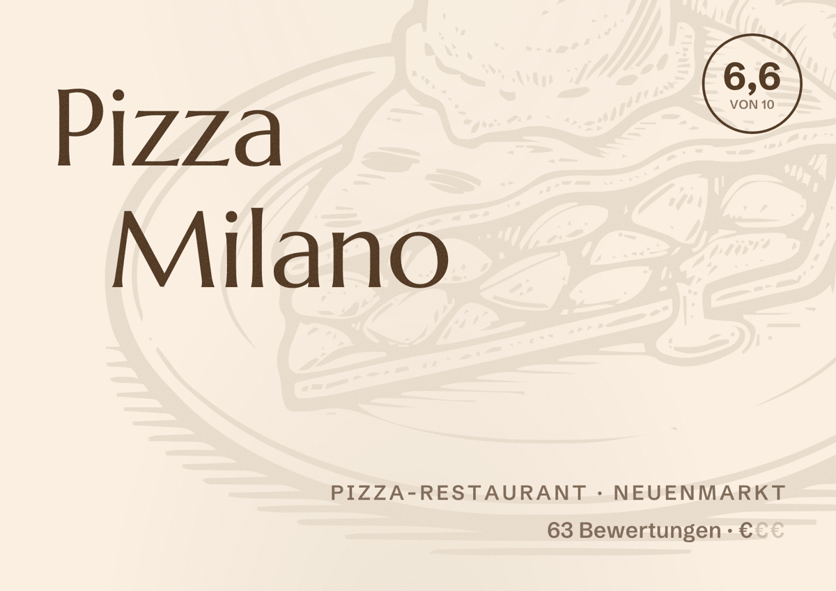 Illustriertes Poster von Pizza Milano, Pizza-Restaurant in Neuenmarkt: Bewertung 6,6 von 10 aus 63 Bewertungen, Preisniveau €