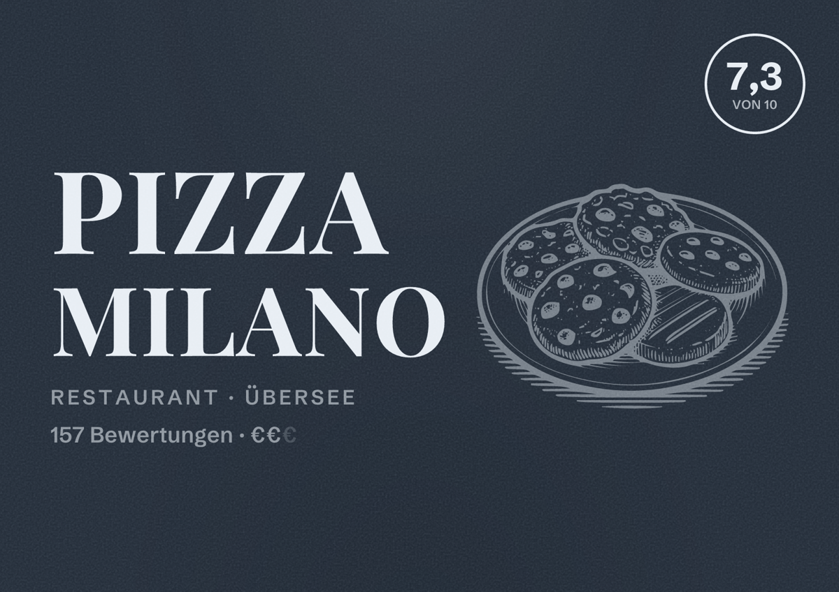 Illustriertes Poster von Pizza Milano, Restaurant in Übersee: Bewertung 7,3 von 10 aus 157 Bewertungen, Preisniveau €€