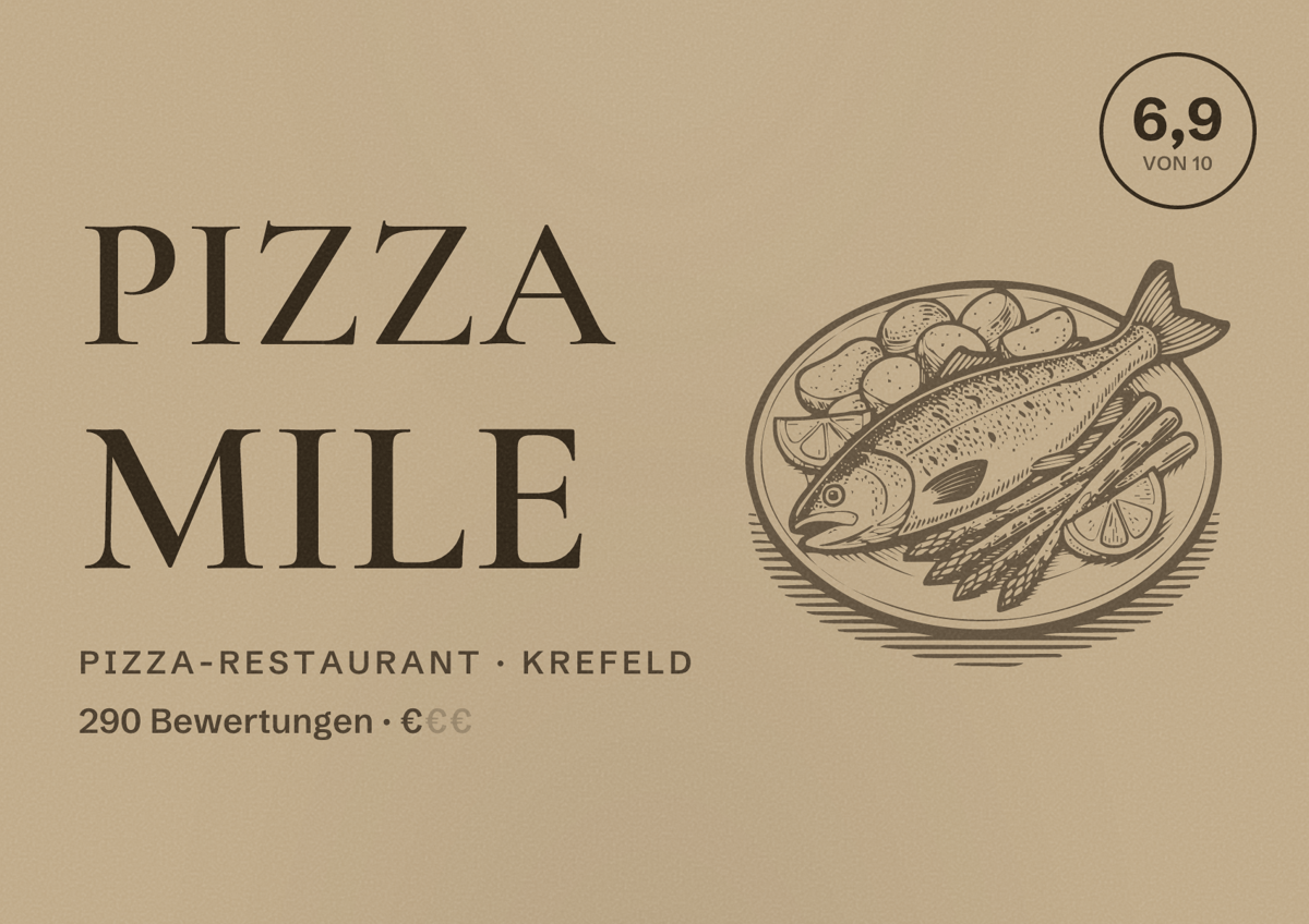 Illustriertes Poster von Pizza Mile, Pizza-Restaurant in Krefeld: Bewertung 6,9 von 10 aus 290 Bewertungen, Preisniveau €