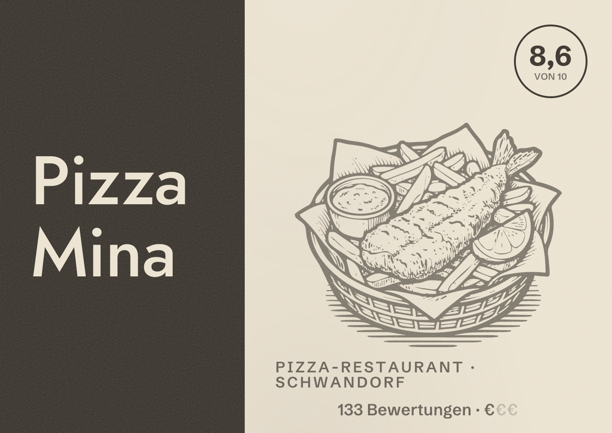 Illustriertes Poster von Pizza Mina, Pizza-Restaurant in Schwandorf: Bewertung 8,6 von 10 aus 133 Bewertungen, Preisniveau €