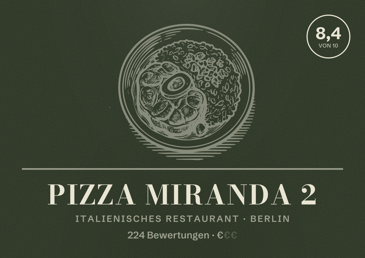 Illustriertes Poster von Pizza Miranda 2, Italienisches Restaurant in Berlin: Bewertung 8,4 von 10 aus 224 Bewertungen, Preisniveau €