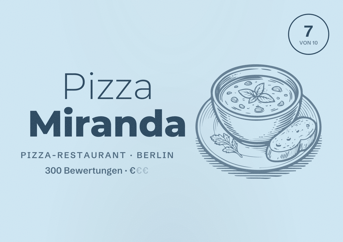 Illustriertes Poster von Pizza Miranda, Pizza-Restaurant in Berlin: Bewertung 7,0 von 10 aus 300 Bewertungen, Preisniveau €