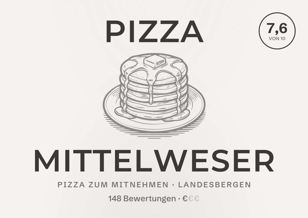 Illustriertes Poster von Pizza Mittelweser, Pizza zum Mitnehmen in Landesbergen: Bewertung 7,6 von 10 aus 148 Bewertungen, Preisniveau €