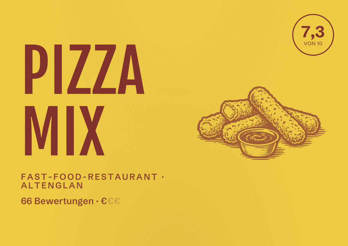 Illustriertes Poster von Pizza Mix, Fast-Food-Restaurant in Altenglan: Bewertung 7,3 von 10 aus 66 Bewertungen, Preisniveau €