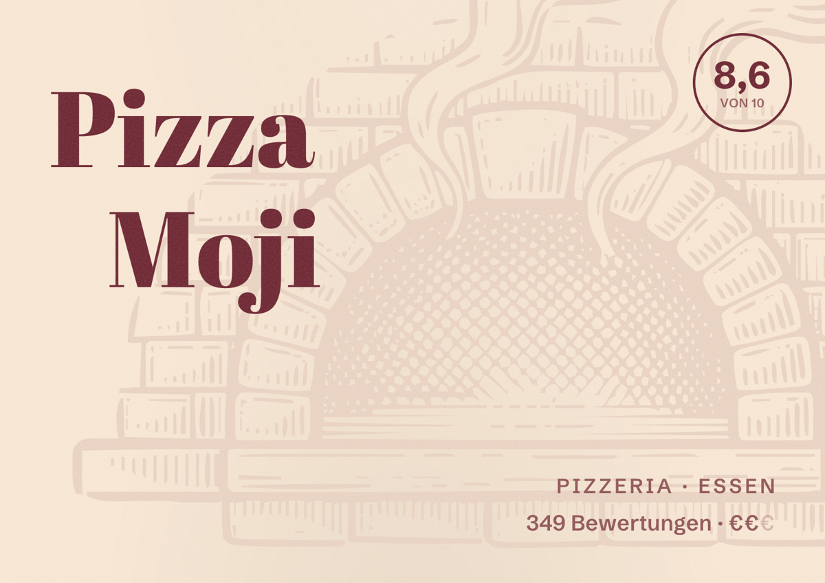 Illustriertes Poster von Pizza Moji, Pizzeria in Essen: Bewertung 8,6 von 10 aus 349 Bewertungen, Preisniveau €€