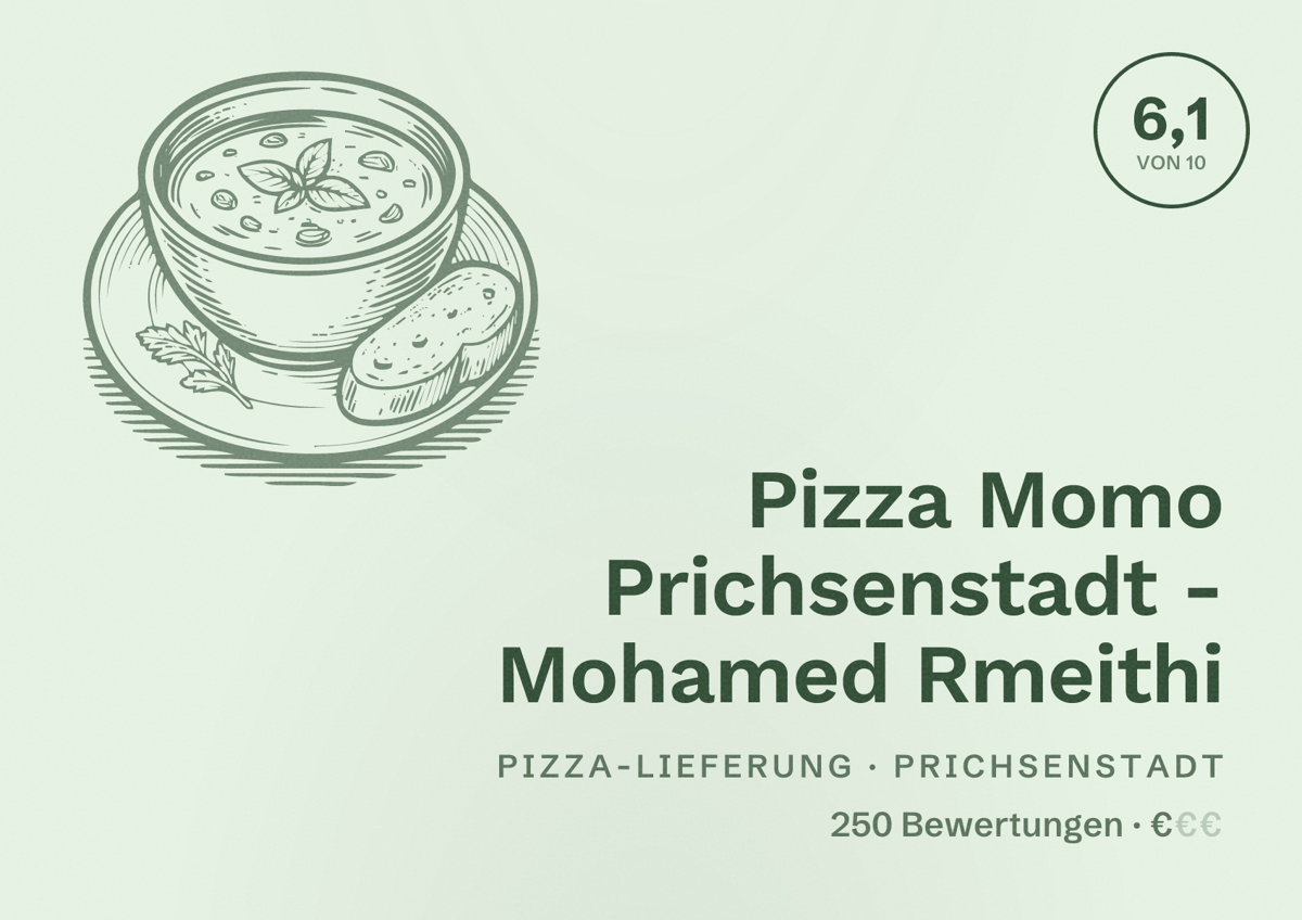Illustriertes Poster von Pizza Momo Prichsenstadt - Mohamed Rmeithi, Pizza-Lieferung in Prichsenstadt: Bewertung 6,1 von 10 aus 250 Bewertungen, Preisniveau €