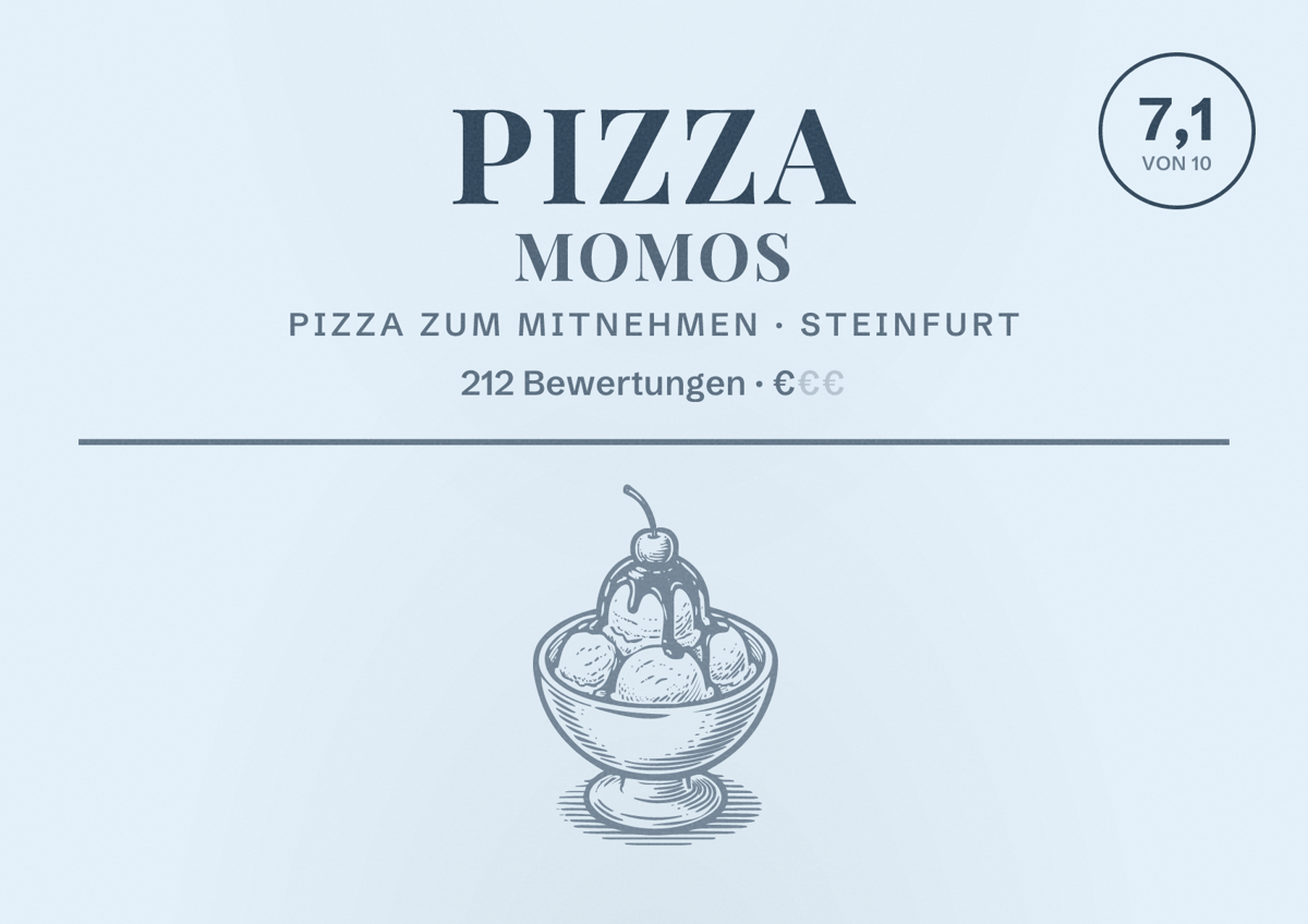 Illustriertes Poster von Pizza Momos, Pizza zum Mitnehmen in Steinfurt: Bewertung 7,1 von 10 aus 212 Bewertungen, Preisniveau €