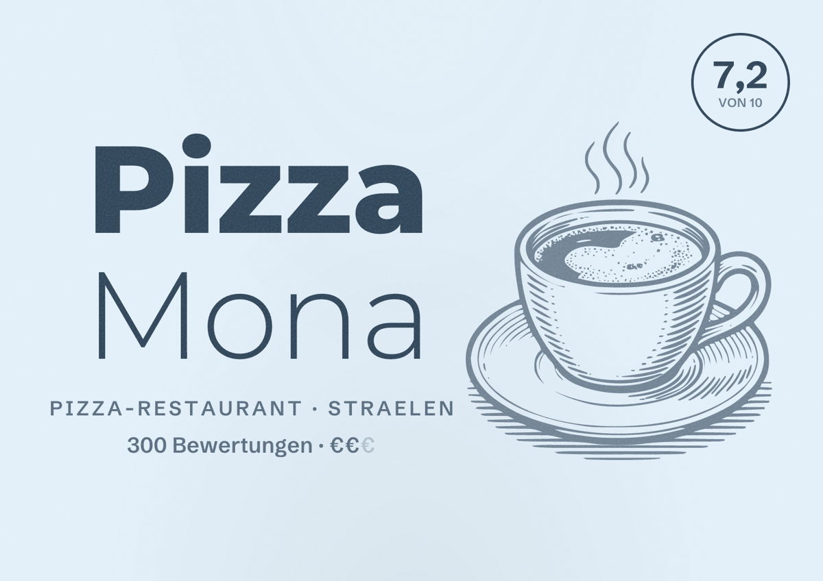 Illustriertes Poster von Pizza Mona, Pizza-Restaurant in Straelen: Bewertung 7,2 von 10 aus 300 Bewertungen, Preisniveau €€