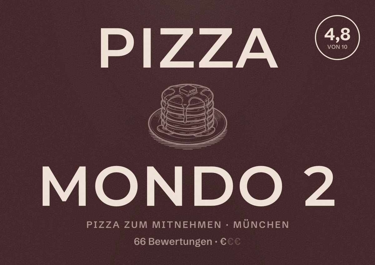 Illustriertes Poster von Pizza Mondo 2, Pizza zum Mitnehmen in München: Bewertung 4,8 von 10 aus 66 Bewertungen, Preisniveau €