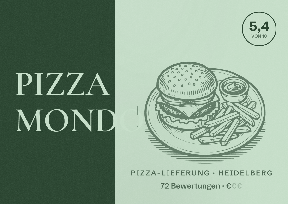 Illustriertes Poster von PIZZA MONDO, Pizza-Lieferung in Heidelberg: Bewertung 5,4 von 10 aus 72 Bewertungen, Preisniveau €
