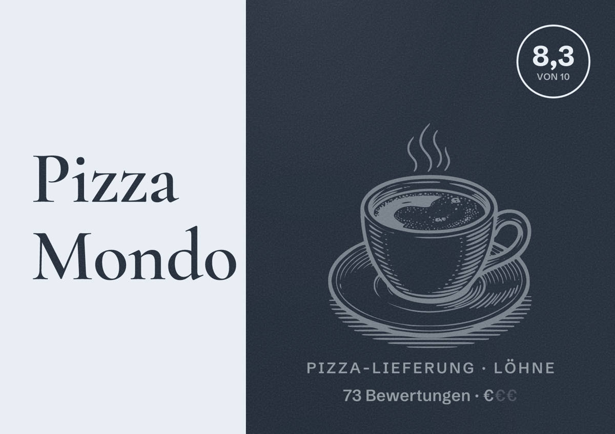 Illustriertes Poster von Pizza Mondo, Pizza-Lieferung in Löhne: Bewertung 8,3 von 10 aus 73 Bewertungen, Preisniveau €