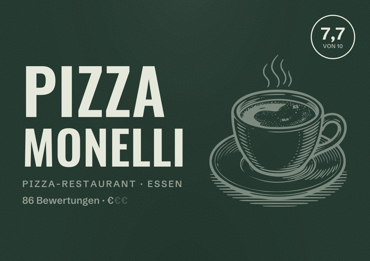 Illustriertes Poster von Pizza Monelli, Pizza-Restaurant in Essen: Bewertung 7,7 von 10 aus 86 Bewertungen, Preisniveau €