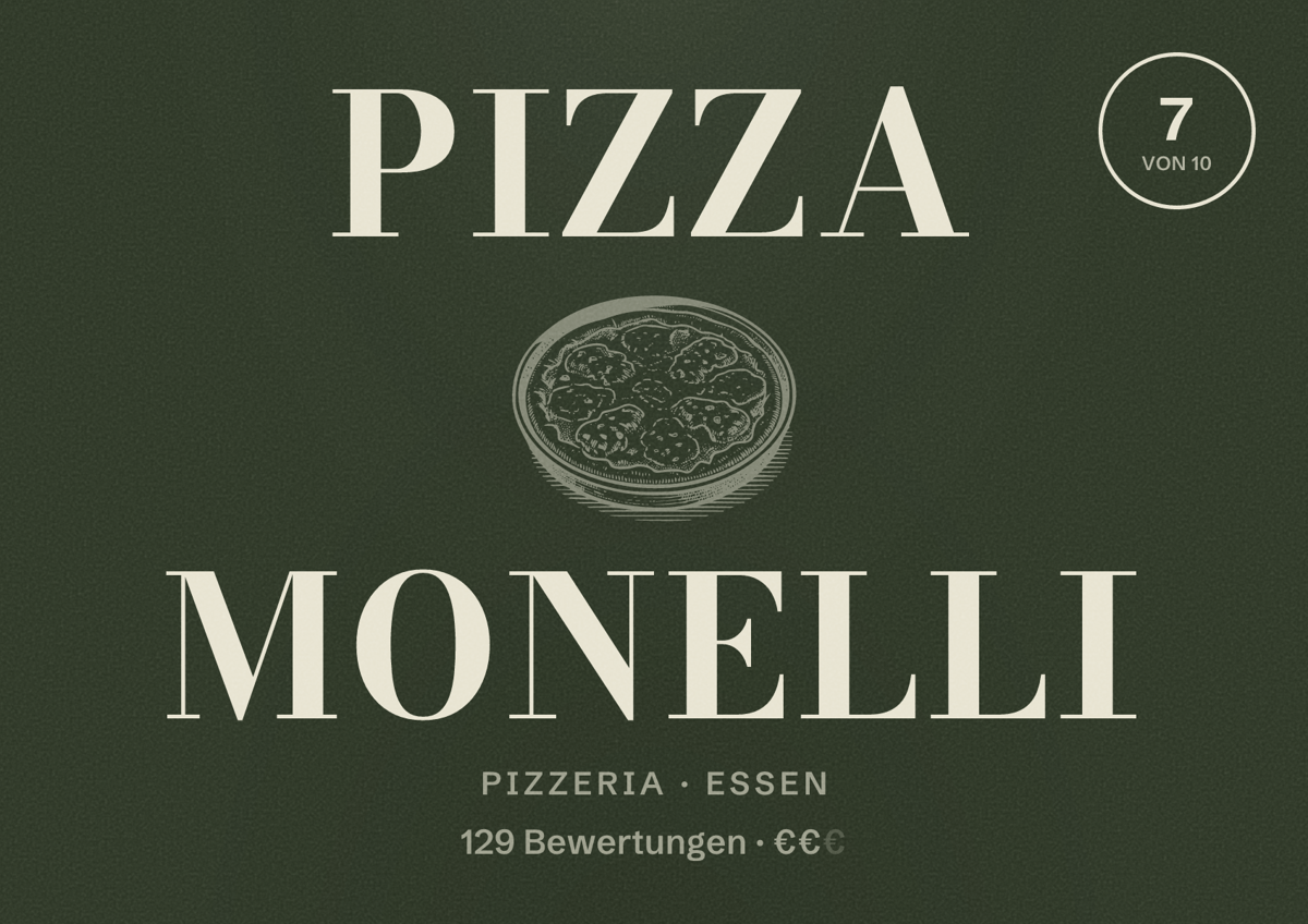 Illustriertes Poster von Pizza Monelli, Pizzeria in Essen: Bewertung 7 von 10 aus 129 Bewertungen, Preisniveau €€