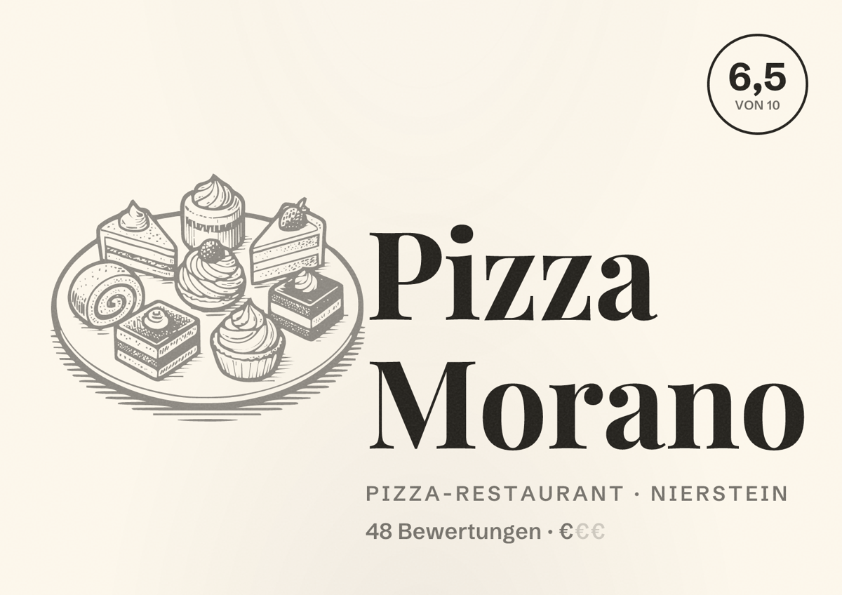 Illustriertes Poster von Pizza Morano, Pizza-Restaurant in Nierstein: Bewertung 6,5 von 10 aus 48 Bewertungen, Preisniveau €