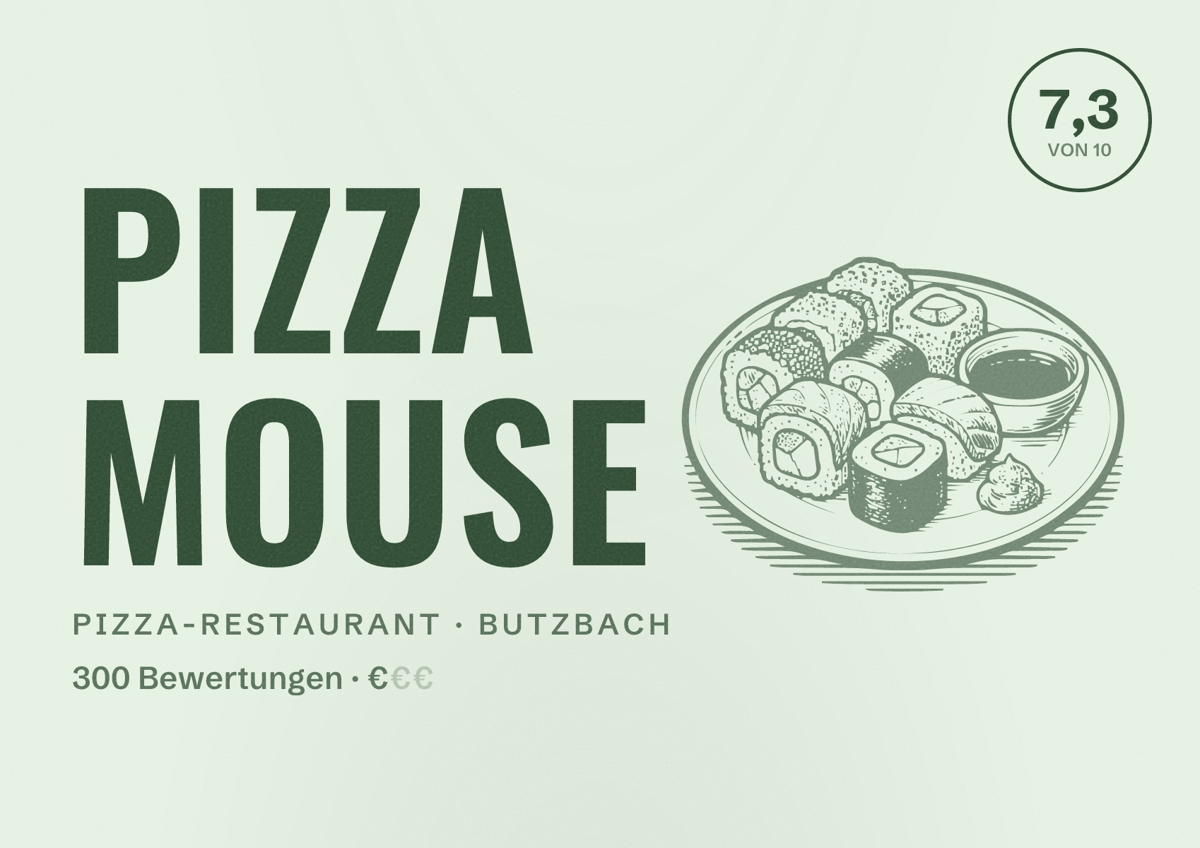 Illustriertes Poster von Pizza Mouse, Pizza-Restaurant in Butzbach: Bewertung 7,3 von 10 aus 300 Bewertungen, Preisniveau €