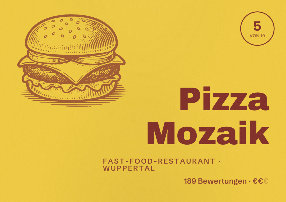 Illustriertes Poster von Pizza Mozaik, Fast-Food-Restaurant in Wuppertal: Bewertung 5 von 10 aus 189 Bewertungen, Preisniveau €€