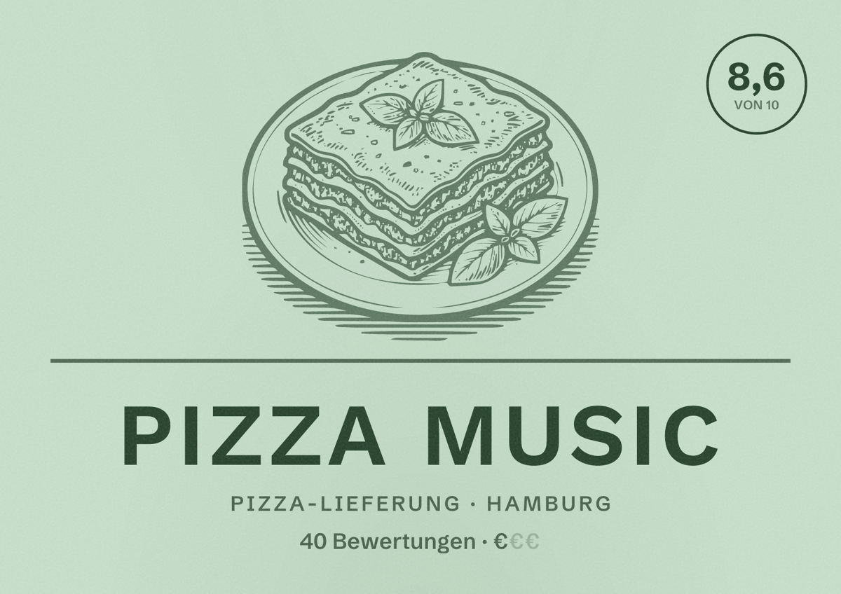 Illustriertes Poster von Pizza Music, Pizza-Lieferung in Hamburg: Bewertung 8,6 von 10 aus 40 Bewertungen, Preisniveau €