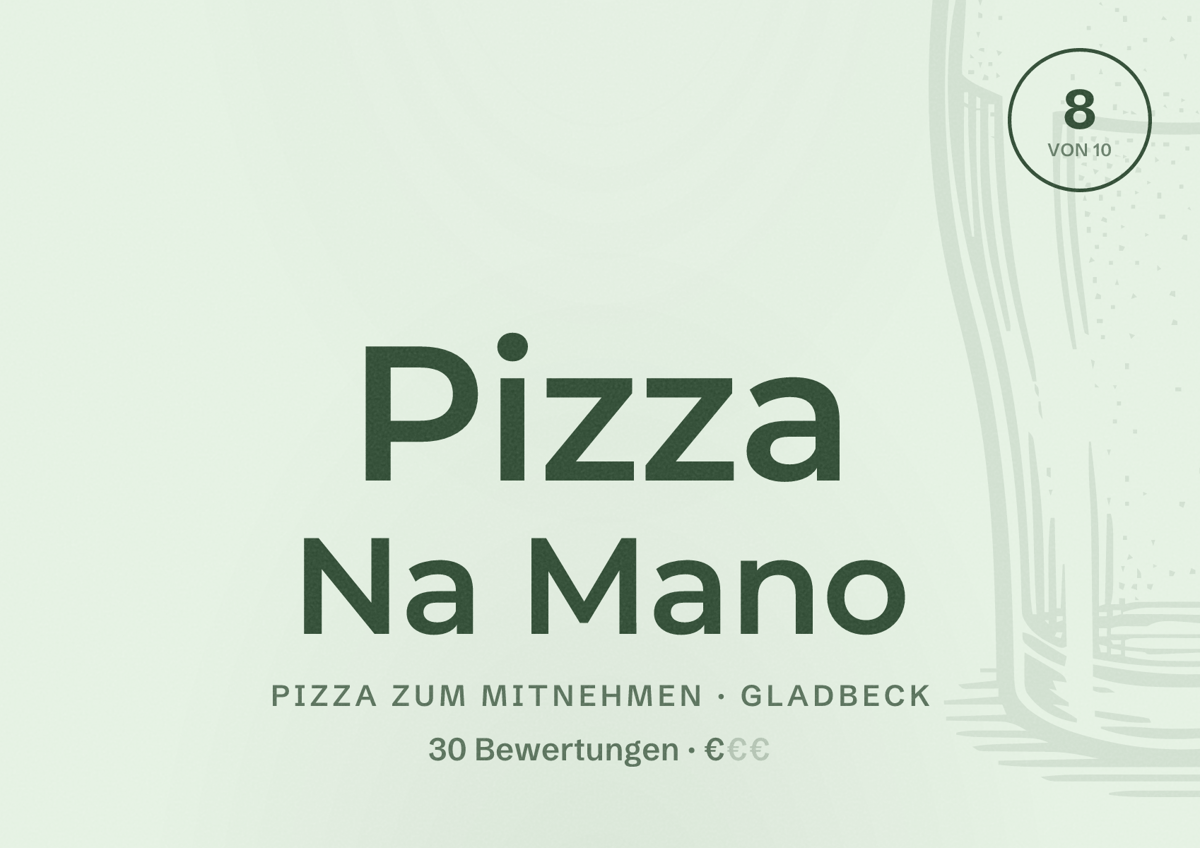 Illustriertes Poster von Pizza Na Mano, Pizza zum Mitnehmen in Gladbeck: Bewertung 8 von 10 aus 30 Bewertungen, Preisniveau €