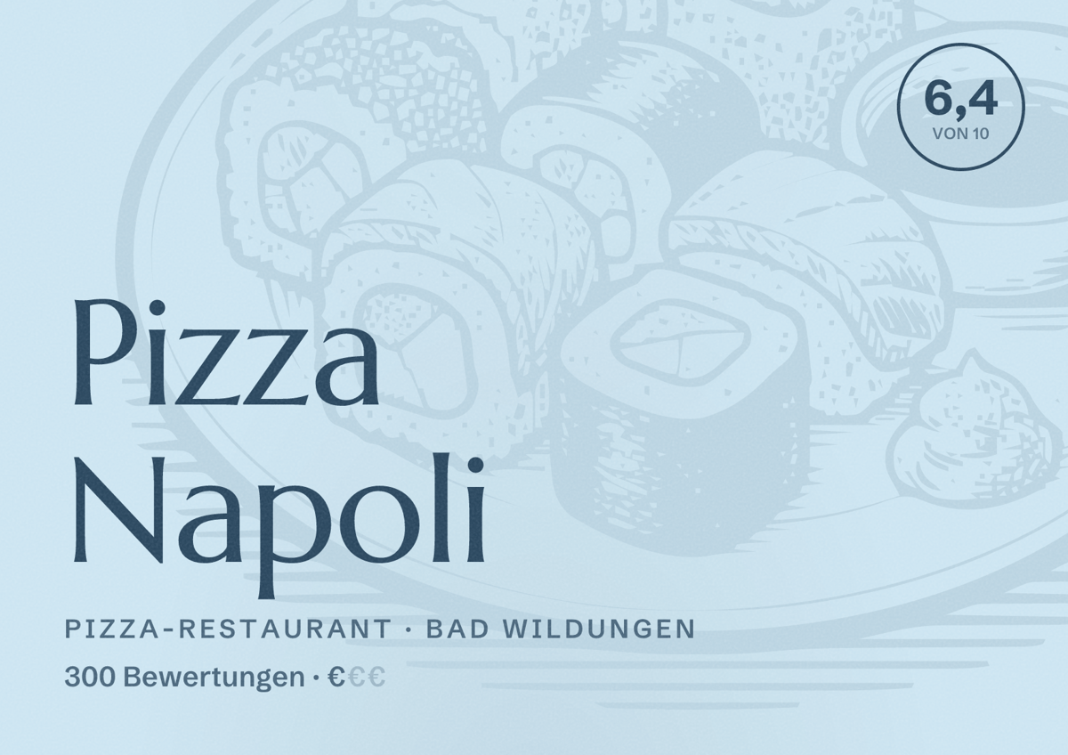 Illustriertes Poster von Pizza Napoli, Pizza-Restaurant in Bad Wildungen: Bewertung 6,4 von 10 aus 300 Bewertungen, Preisniveau €
