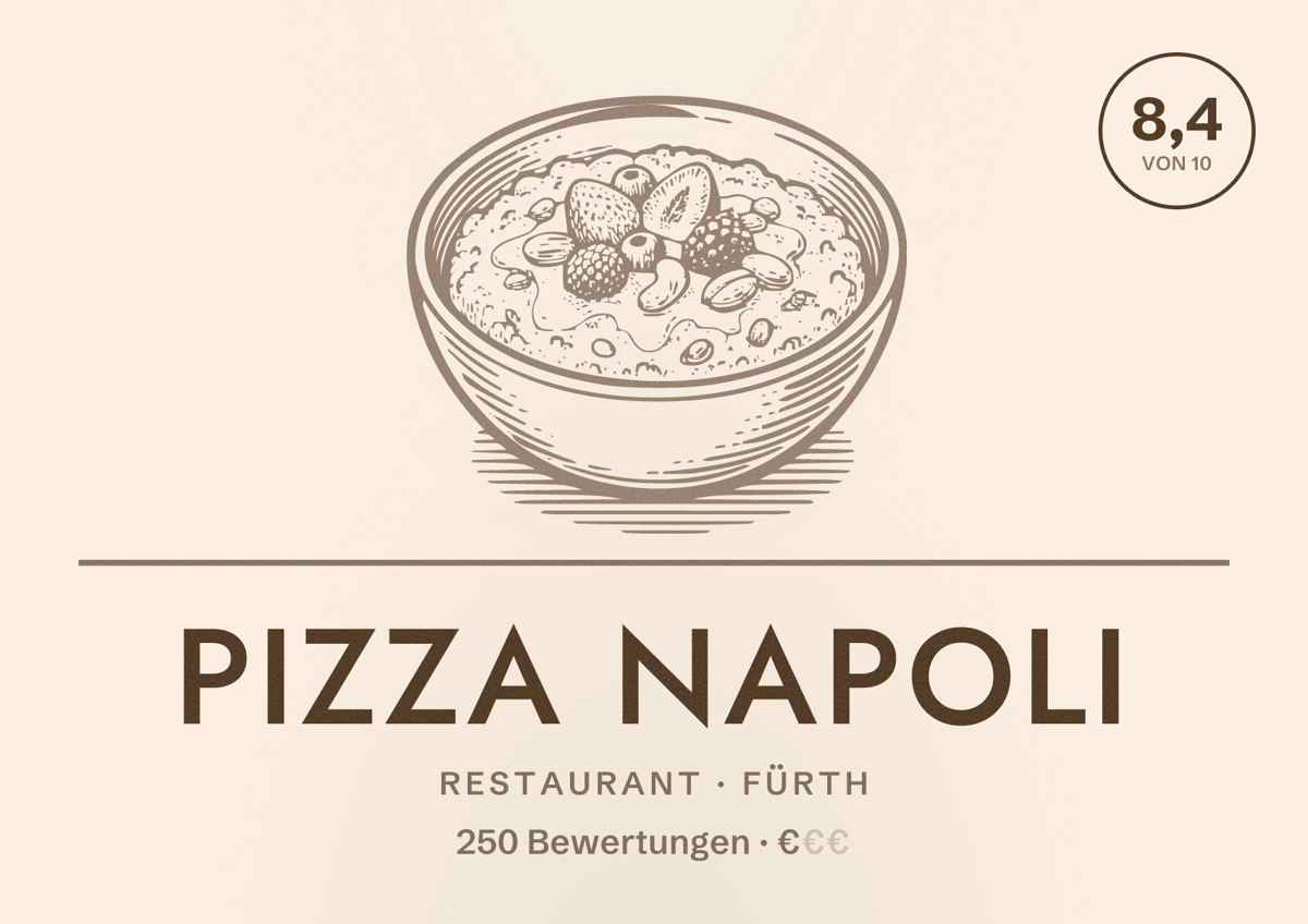 Illustriertes Poster von Pizza Napoli, Restaurant in Fürth: Bewertung 8,4 von 10 aus 250 Bewertungen, Preisniveau €