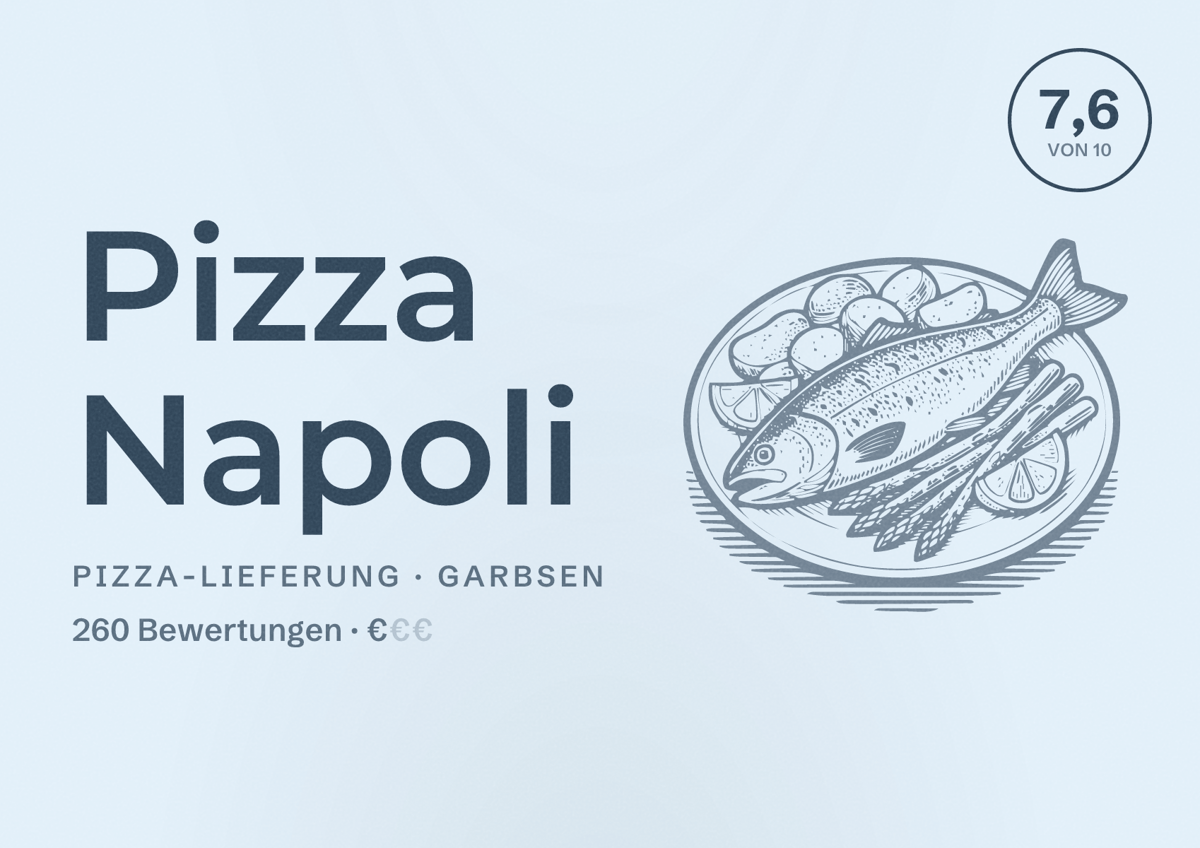 Illustriertes Poster von Pizza Napoli, Pizza-Lieferung in Garbsen: Bewertung 7,6 von 10 aus 260 Bewertungen, Preisniveau €