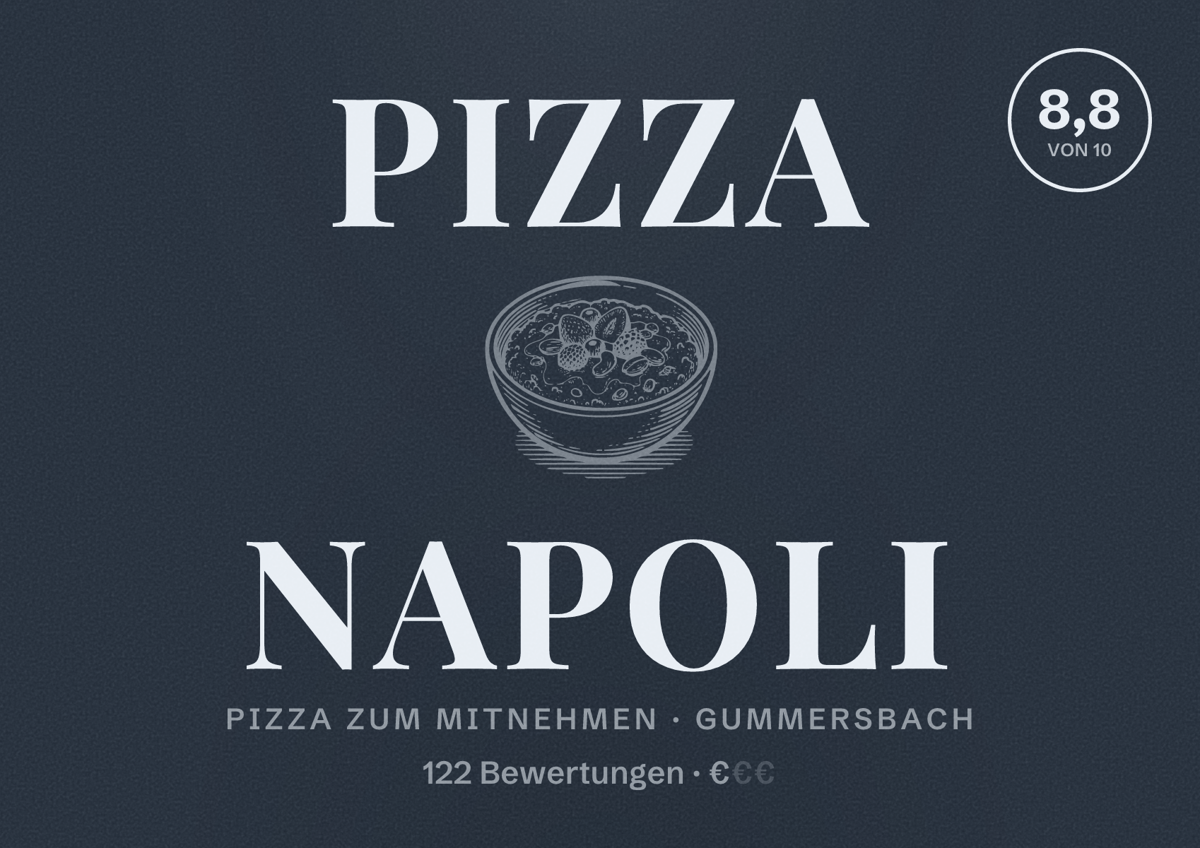 Illustriertes Poster von Pizza Napoli, Pizza zum Mitnehmen in Gummersbach: Bewertung 8,8 von 10 aus 122 Bewertungen, Preisniveau €