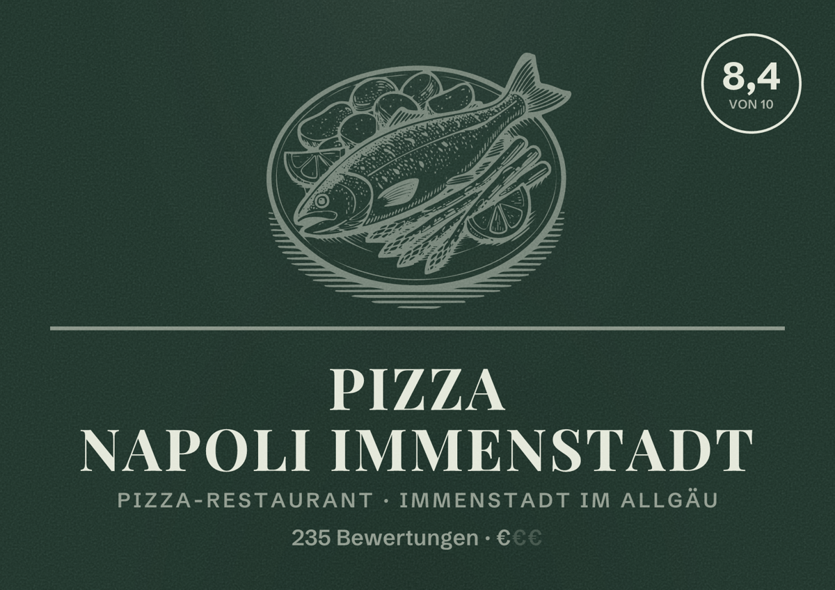 Illustriertes Poster von Pizza Napoli Immenstadt, Pizza-Restaurant in Immenstadt im Allgäu: Bewertung 8,4 von 10 aus 235 Bewertungen, Preisniveau €