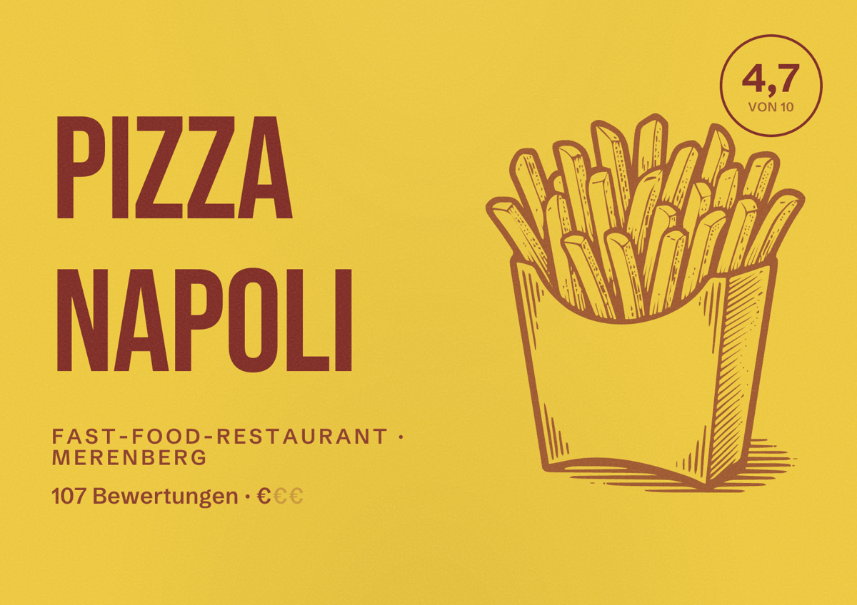 Illustriertes Poster von Pizza Napoli, Fast-Food-Restaurant in Merenberg: Bewertung 4,7 von 10 aus 107 Bewertungen, Preisniveau €