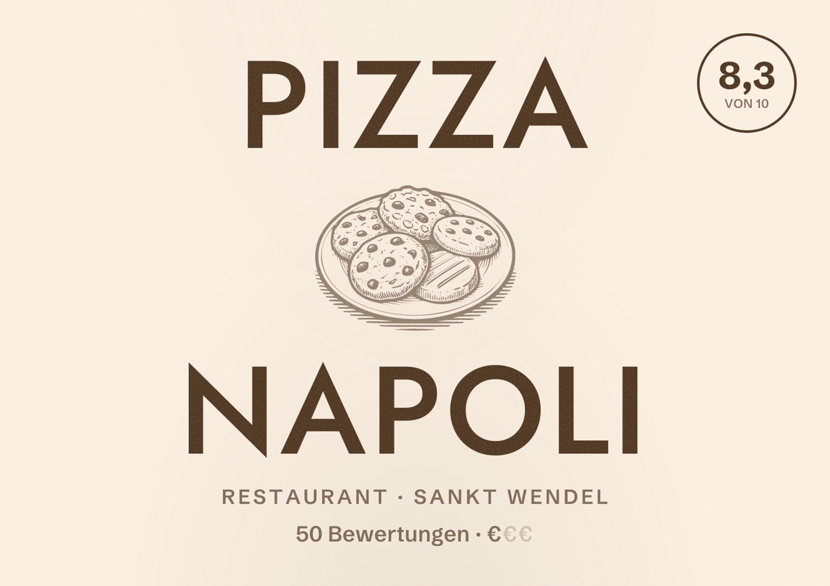 Illustriertes Poster von Pizza Napoli, Restaurant in Sankt Wendel: Bewertung 8,3 von 10 aus 50 Bewertungen, Preisniveau €