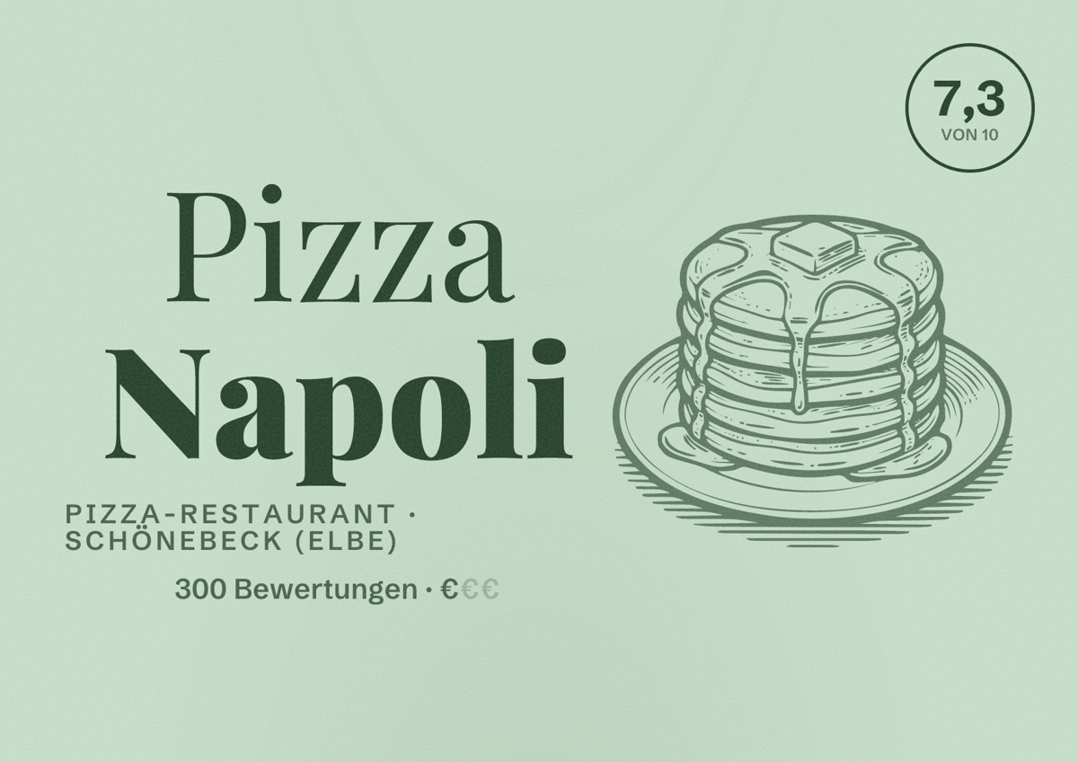Illustriertes Poster von Pizza Napoli, Pizza-Restaurant in Schönebeck (Elbe): Bewertung 7,3 von 10 aus 300 Bewertungen, Preisniveau €