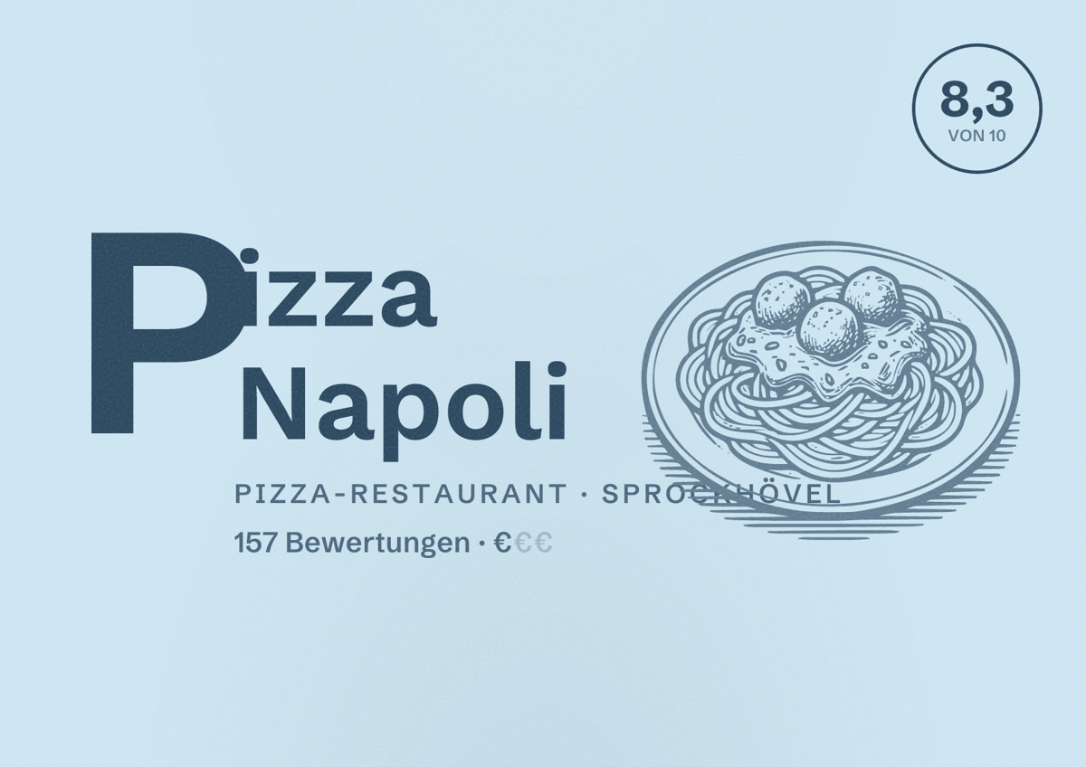 Illustriertes Poster von Pizza Napoli, Pizza-Restaurant in Sprockhövel: Bewertung 8,3 von 10 aus 157 Bewertungen, Preisniveau €