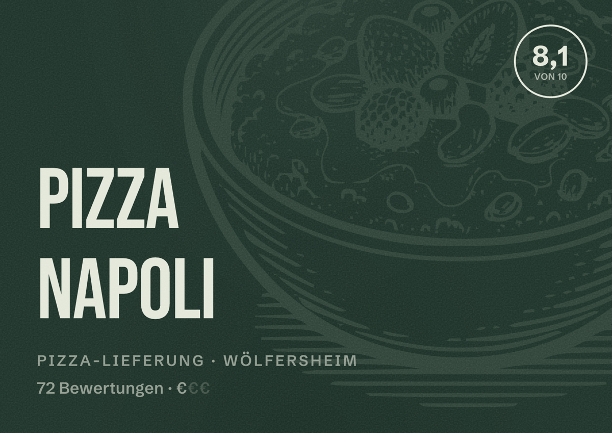 Illustriertes Poster von Pizza Napoli, Pizza-Lieferung in Wölfersheim: Bewertung 8,1 von 10 aus 72 Bewertungen, Preisniveau €