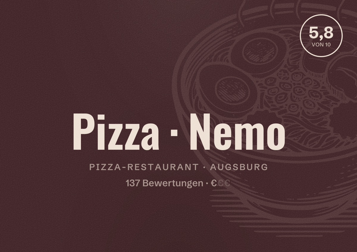 Illustriertes Poster von Pizza Nemo, Pizza-Restaurant in Augsburg: Bewertung 5,8 von 10 aus 137 Bewertungen, Preisniveau €
