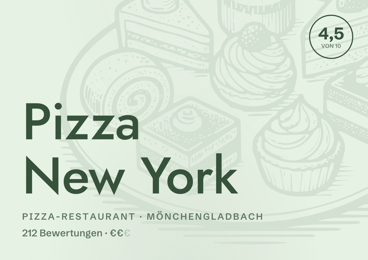 Illustriertes Poster von Pizza New York, Pizza-Restaurant in Mönchengladbach: Bewertung 4,5 von 10 aus 212 Bewertungen, Preisniveau €€