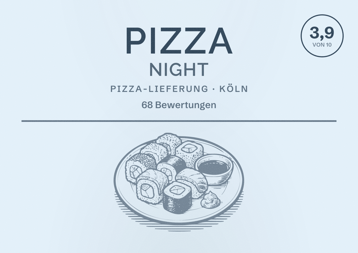 Illustriertes Poster von Pizza Night, Pizza-Lieferung in Köln: Bewertung 3,9 von 10 aus 68 Bewertungen