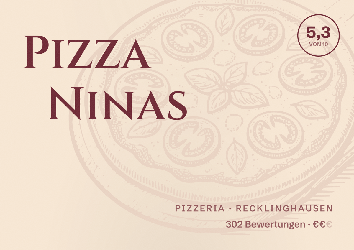 Illustriertes Poster von Pizza Ninas, Pizzeria in Recklinghausen: Bewertung 5,3 von 10 aus 302 Bewertungen, Preisniveau €€