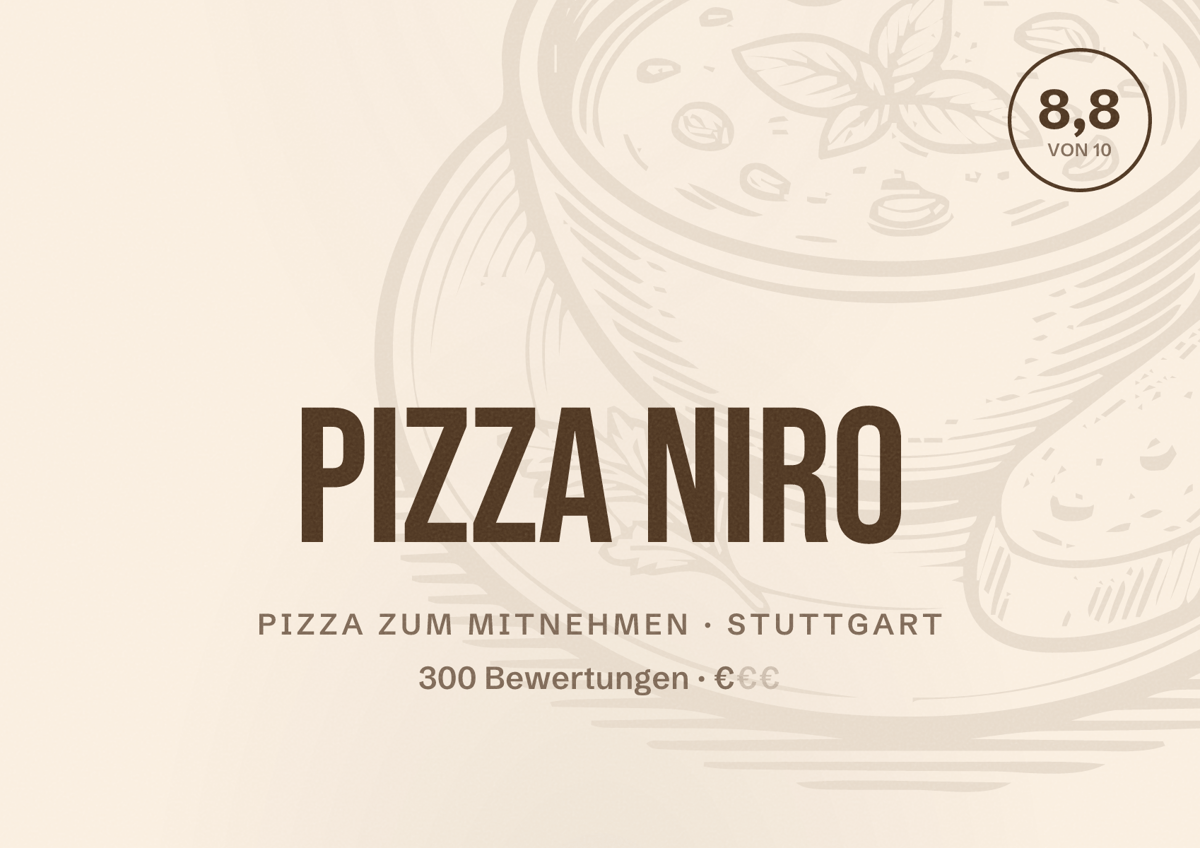 Illustriertes Poster von PIZZA NIRO, Pizza zum Mitnehmen in Stuttgart: Bewertung 8,8 von 10 aus 300 Bewertungen, Preisniveau €