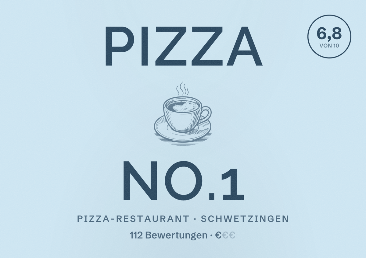 Illustriertes Poster von Pizza No.1, Pizza-Restaurant in Schwetzingen: Bewertung 6,8 von 10 aus 112 Bewertungen, Preisniveau €