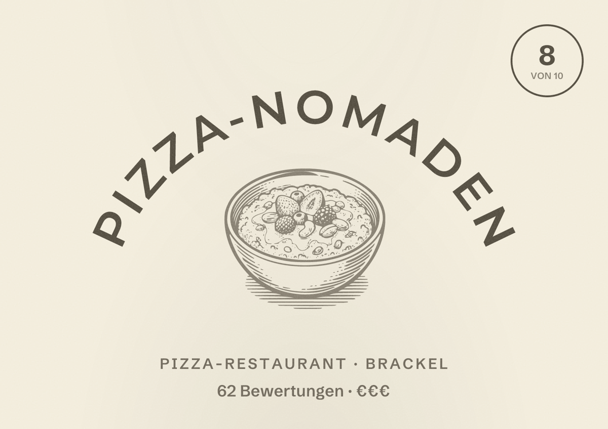 Illustriertes Poster von Pizza-Nomaden, Pizza-Restaurant in Brackel: Bewertung 8 von 10 aus 62 Bewertungen, Preisniveau €€€