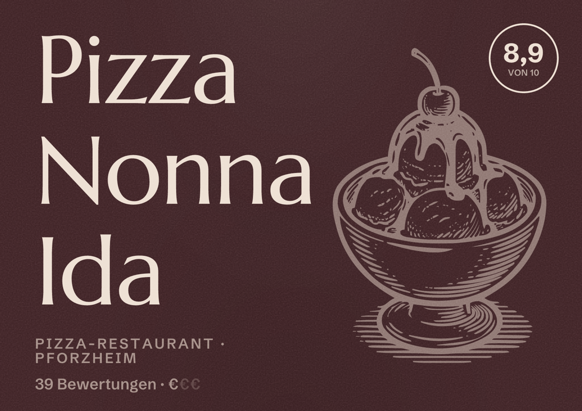 Illustriertes Poster von Pizza Nonna Ida, Pizza-Restaurant in Pforzheim: Bewertung 8,9 von 10 aus 39 Bewertungen, Preisniveau €