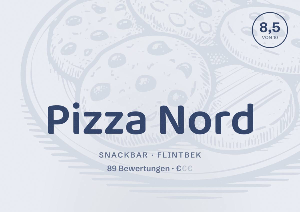 Illustriertes Poster von Pizza Nord, Snackbar in Flintbek: Bewertung 8,5 von 10 aus 89 Bewertungen, Preisniveau €