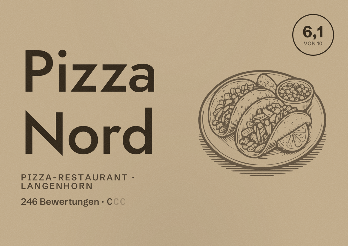 Illustriertes Poster von Pizza Nord, Pizza-Restaurant in Langenhorn: Bewertung 6,1 von 10 aus 246 Bewertungen, Preisniveau €