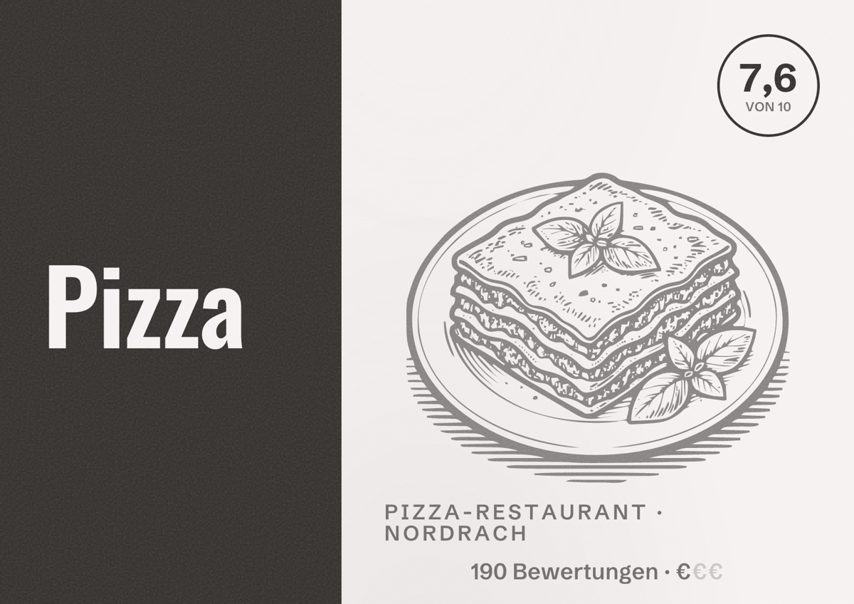 Illustriertes Poster von Pizza, Pizza-Restaurant in Nordrach: Bewertung 7,6 von 10 aus 190 Bewertungen, Preisniveau €