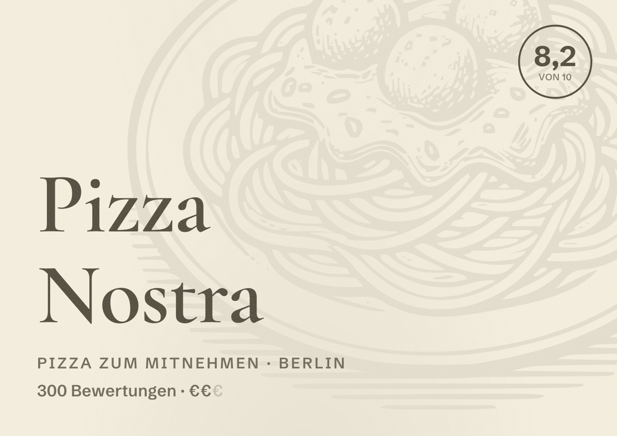 Illustriertes Poster von Pizza Nostra, Pizza zum Mitnehmen in Berlin: Bewertung 8,2 von 10 aus 300 Bewertungen, Preisniveau €€
