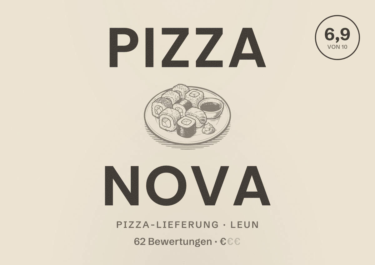 Illustriertes Poster von Pizza Nova, Pizza-Lieferung in Leun: Bewertung 6,9 von 10 aus 62 Bewertungen, Preisniveau €